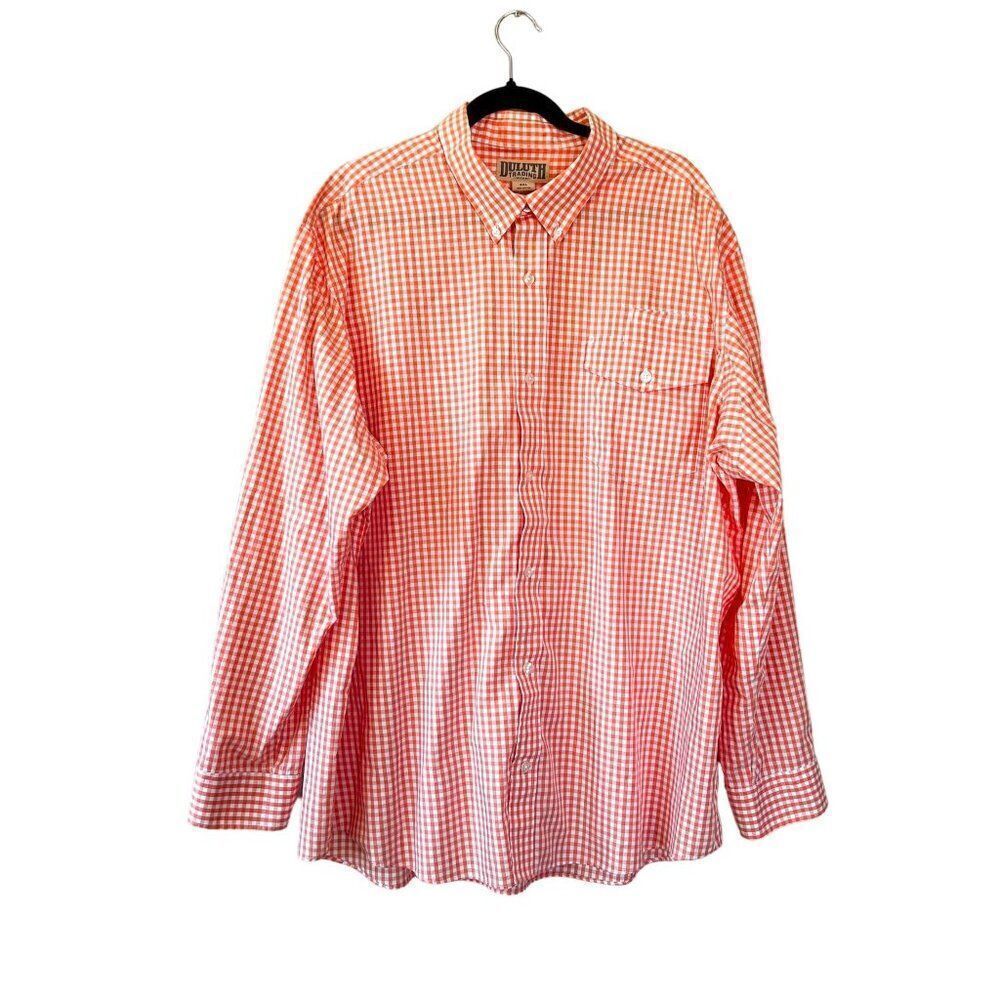Duluth Trading Company Orange White Gingham Checkered Long Sleeve Button Down Sh